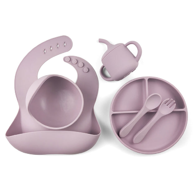 mauve silicone baby feeding set including a divided suction plate, bowl, bib with food catcher, sippy cup, spoon, and fork. Perfect for weaning and toddler feeding