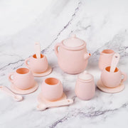 Tiny Sips silicone tea set in soft Pink featuring cups, teapot, and saucers. Durable, food-grade, and easy to clean perfect for toddler playtime.