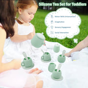 Tiny Sips silicone tea set in soft yellow, Pink or Blue, featuring cups, teapot, and saucers. Durable, food-grade, and easy to clean perfect for toddler playtime.