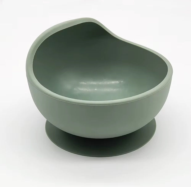 Bowl & Bloom in sage green silicone suction bowls in earthy tones, made from 100% food-grade, BPA-free material, safe for babies and toddlers