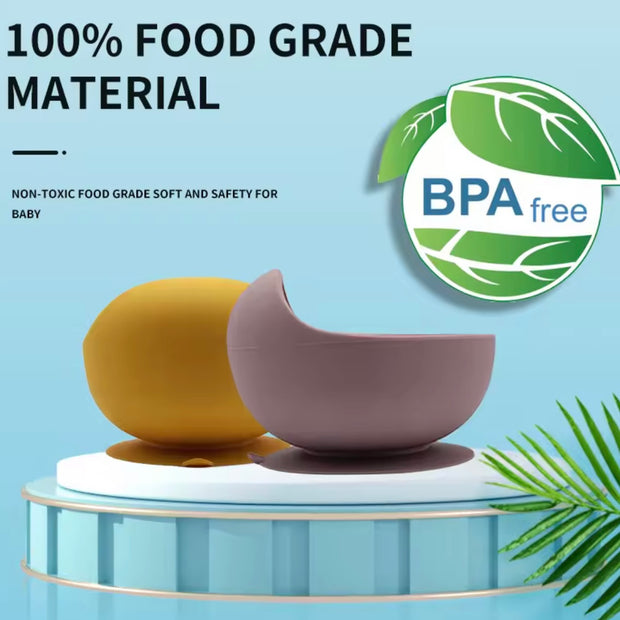 Bowl & Bloom silicone suction bowls in earthy tones, made from 100% food-grade, BPA-free material, safe for babies and toddlers