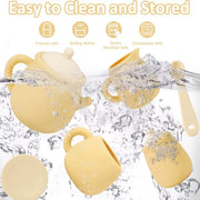 Tiny Sips silicone tea set in soft yellow, Pink or Blue, featuring cups, teapot, and saucers. Durable, food-grade, and easy to clean perfect for toddler playtime.