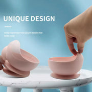 Bowl & Bloom silicone suction bowls in earthy tones, made from 100% food-grade, BPA-free material, safe for babies and toddlers, unique design 