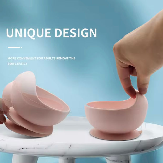 Bowl & Bloom silicone suction bowls in earthy tones, made from 100% food-grade, BPA-free material, safe for babies and toddlers, unique design 