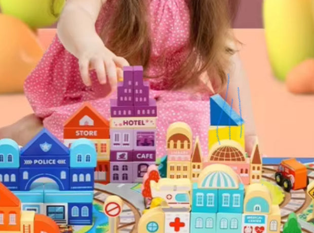 Wooden City & Train Playset