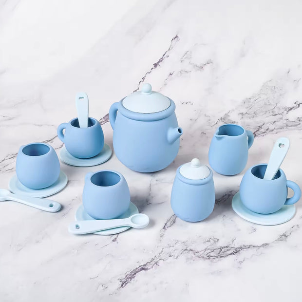 Tiny Sips silicone tea set in soft Blue, featuring cups, teapot, and saucers. Durable, food-grade, and easy to clean perfect for toddler playtime.