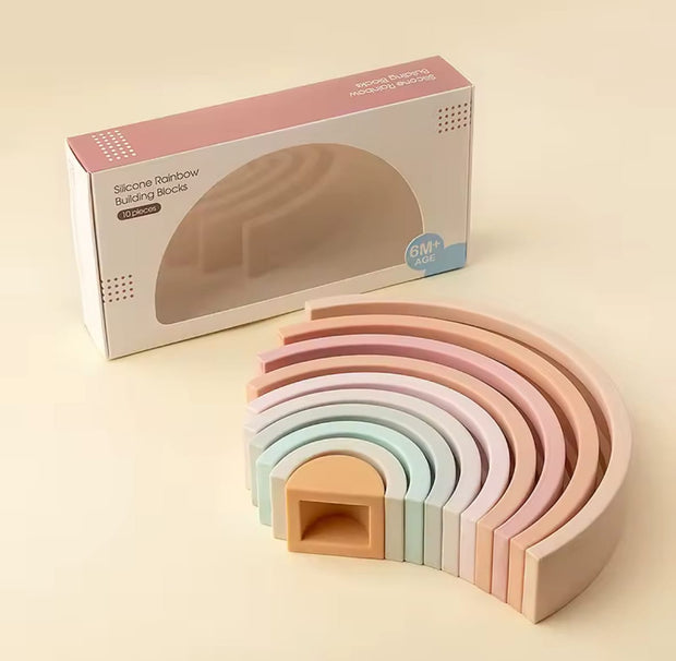 A 10-piece silicone stacking rainbow that grows with your child