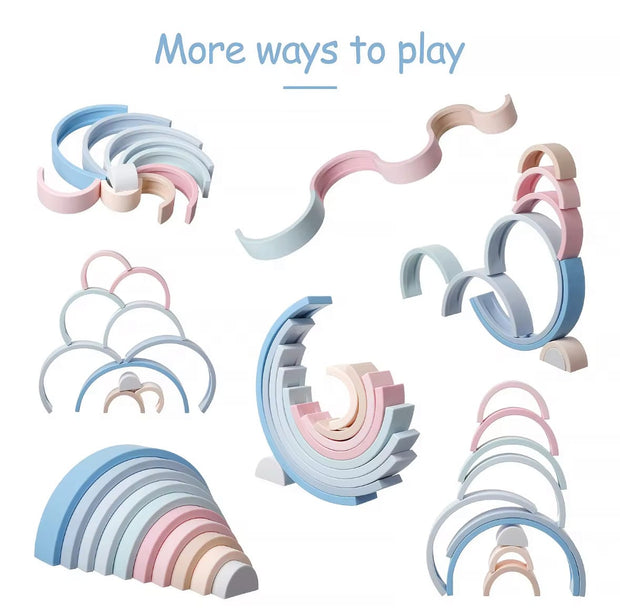 A 10-piece silicone stacking rainbow that grows with your child